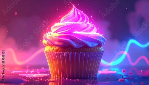 Vibrant Neon Cupcake with Glowing Frosting and Colorful Background.