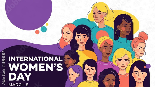 Diverse group of women celebrating International Womens Day illustration representing female empowerment and equality for March 8th campaigns