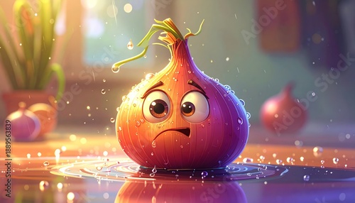 Sad cartoon onion character with tears on a kitchen counter.