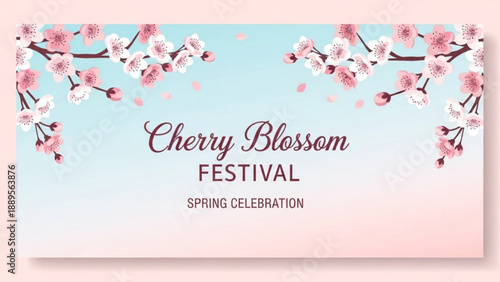 Cherry blossom festival banner with blooming branches and falling petals celebrating spring with elegant typography for event promotion