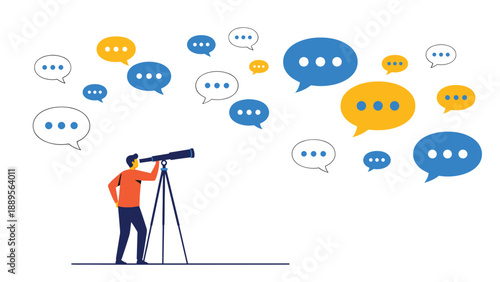 Professional person looking through a telescope at many floating speech bubbles representing market research and customer feedback analysis.