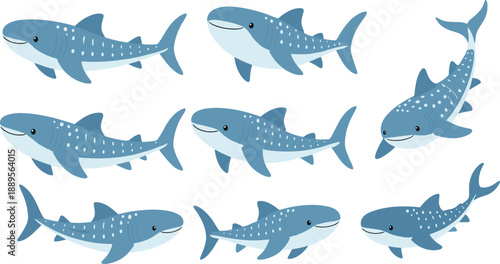 Cute Whale Shark Cartoon Vector Set with Multiple Swimming Poses for Marine Wildlife Education Kids Learning and Ocean Illustration Design Projects