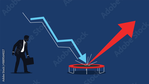 Resilient business professional watching a declining blue line bounce off a trampoline and turn into a rising red arrow symbolizing recovery.
