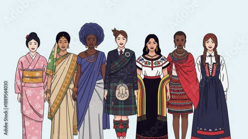 Diverse group of people in traditional cultural clothing representing global heritage and unity flat vector illustration for international concepts