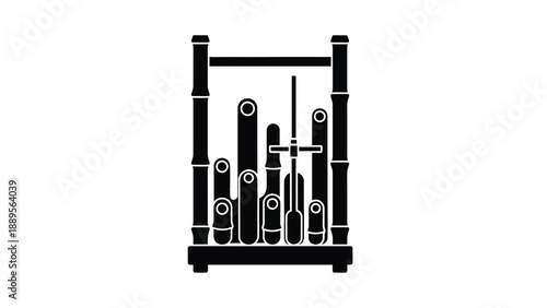 A set of tools organized in a tool rack on a white background
