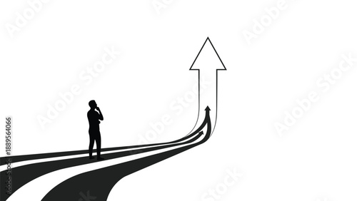 Business professional standing at a junction where paths turn into multiple rising arrows indicating growth and various opportunities for expansion.