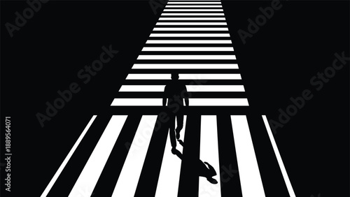 Silhouetted person walking alone across a brightly lit crosswalk on a dark street symbolizing safety and following the right path forward.