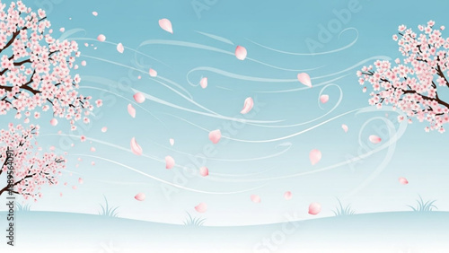 Cherry blossom petals blowing in the wind under a soft blue sky a beautiful spring scene with delicate flowers and gentle breeze perfect for seasonal or nature-themed designs