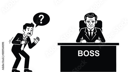 A stressed employee talking to his boss in a meeting at work