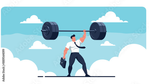 Strong businessman lifting a heavy barbell over his head with one hand while standing amongst clouds representing power and professional strength.