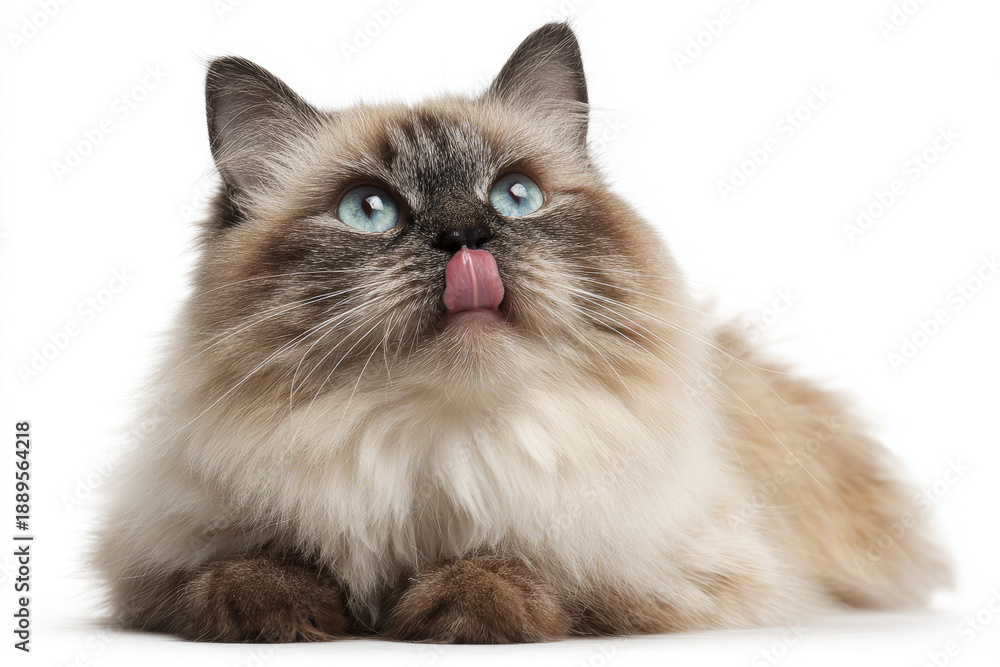 Fototapeta premium Fluffy cat blue eye tongue out long hair white background cute pet domestic cat furry animal playful whisker soft fur indoor studio young cat
