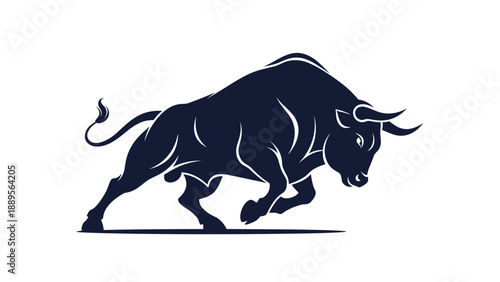 Powerful silhouette of a black charging bull on a white background symbolizing market strength and aggressive business growth strategies.