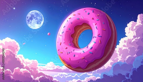 A whimsical donut floating amidst fluffy clouds and a full moon.