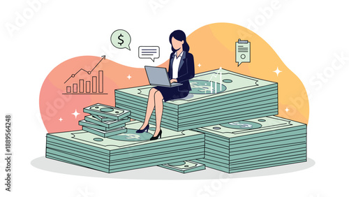 Professional woman sitting on top of massive stacks of cash and working on her laptop representing financial success and remote business wealth.