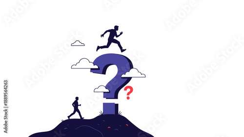 Active person leaping over a giant purple question mark on top of a hill representing overcoming uncertainty and solving difficult business problems.