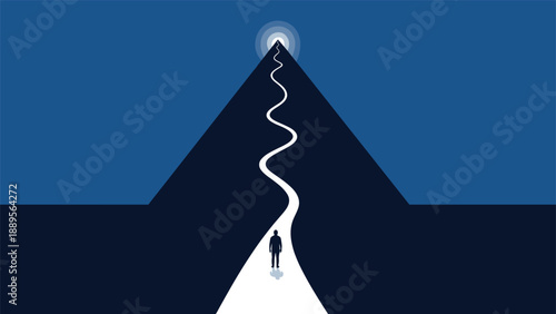 Silhouette of a person walking along a winding path towards a bright light at the peak of a dark triangular mountain representing life goals.