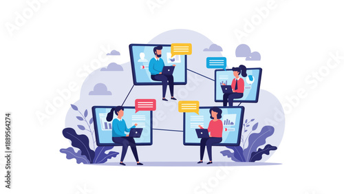 Four diverse professional people communicating and collaborating through interconnected digital screens representing remote work and global networking.