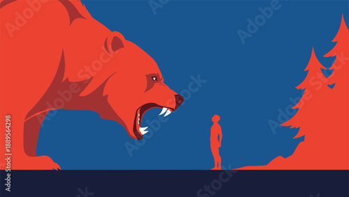 Small silhouette of a person bravely facing a giant roaring red bear in a dark forest representing courage and facing large fears or market risks.