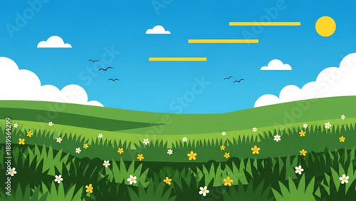 Vibrant green rolling hills with wildflowers under a bright sunny sky featuring fluffy clouds and birds perfect for nature and spring themes