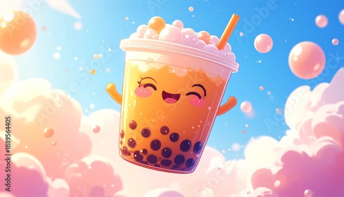 A cartoon bubble tea cup with a smiling face floating among fluffy clouds.