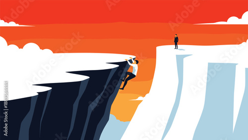 One man hanging precariously from a cliff edge while another watches from the top of the next cliff representing struggle and distant observation.