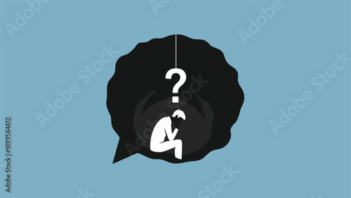 Person sits alone in deep thought or despair inside a dark thought bubble with a glowing question mark hanging above them.