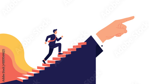 Determined businessman runs up a staircase formed by a giant arm pointing toward a successful future and career goals.