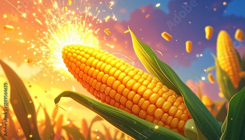 Vibrant corn on the cob with golden kernels and green leaves.