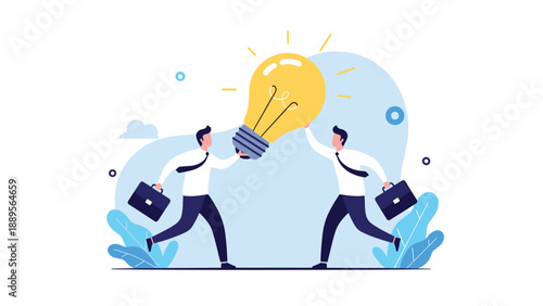 Pair of professional businessmen working together to carry a giant glowing lightbulb representing a shared innovative idea.