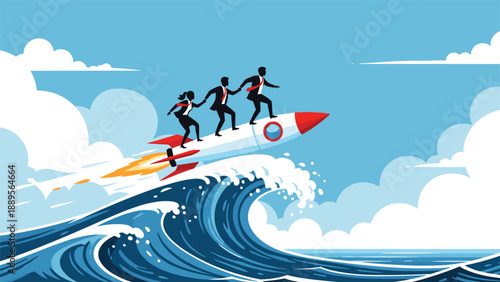 Team of three business professionals riding a flying rocket ship over high ocean waves to symbolize rapid growth and success.