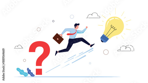 Ambitious businessman jumps from a giant red question mark towards a glowing light bulb symbolizing a leap into a new idea.