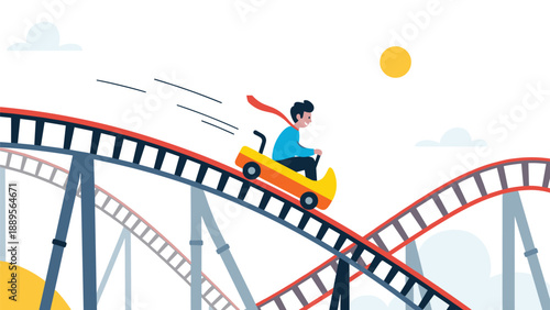 Man wearing a superhero cape experiences a thrilling ride on a fast roller coaster with tracks against a sunny sky background.