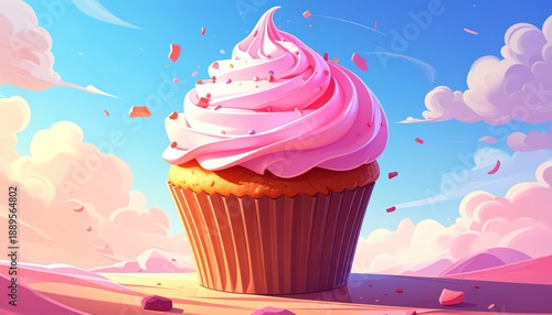 A vibrant cartoon cupcake with pink frosting and sprinkles on a sunny day.