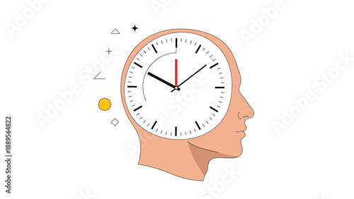 Human head silhouette containing a large white clock face to symbolize time management, planning, and busy schedules.