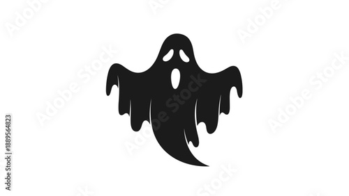 Simple black silhouette of a classic spooky ghost with a screaming mouth and large eyes on a white background.