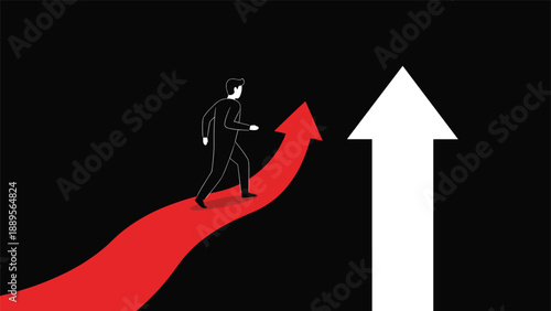 Businessman walking up a red rising arrow path toward a much larger white arrow pointing upwards into the black background.