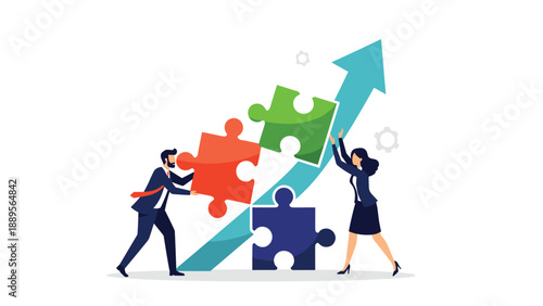 Business man and woman working together to assemble large puzzle pieces onto a blue arrow pointing upwards for growth.