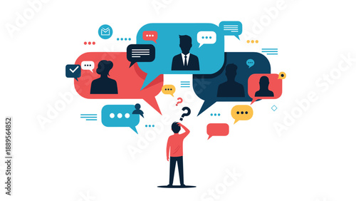 Man stands confused looking at a complex array of overlapping speech bubbles containing various people silhouettes.