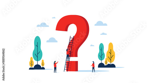 Small group of diverse people using a ladder to climb up a giant red question mark set among colorful trees and soft clouds.