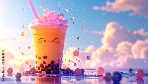 A vibrant bubble tea drink with a smiling face surrounded by boba and straw.