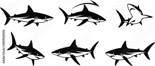 Dynamic Shark Silhouette Vector Set with Aggressive Swimming Poses for Marine Wildlife Logos Sports Branding Tattoos and Minimal Black Graphic Designs