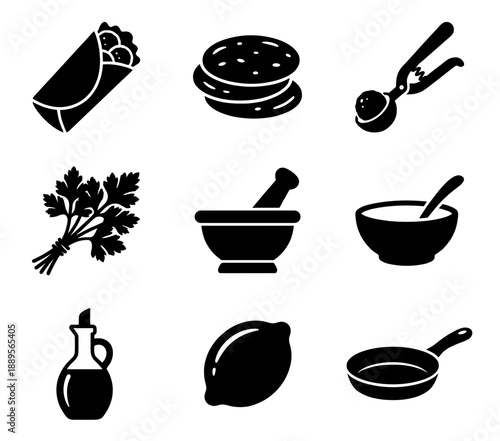 Falafel preparation vector glyph icons set featuring cooking tools wrap pita and spices in black silhouette style for culinary logo or sign.
