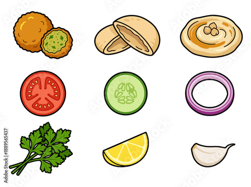 Falafel vector icons set with pita bread hummus and fresh vegetable slices like tomato and cucumber for vegetarian street food menu design.
