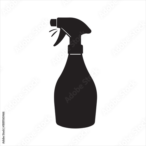 Black silhouette of a spray bottle spraying liquid isolated on white background