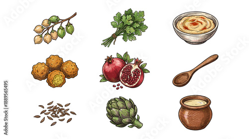 Hand drawn falafel vector set with chickpeas hummus pomegranate parsley and spices for traditional middle eastern food ingredient illustration.
