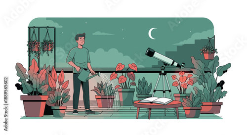 Man observing night sky with telescope on balcony