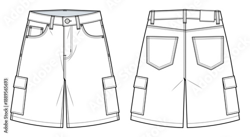 Unisex Denim Shorts Fashion Vector Template. 5-Pocket Design with Side Patch Pockets. Front and Back View. CAD Mockup Set.