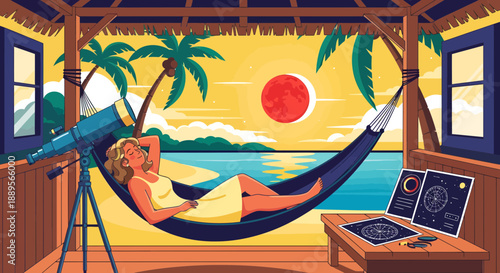 Relaxed woman in hammock with telescope on tropical porch