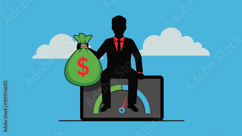 A businessman sitting on a gauge with a money bag in hand