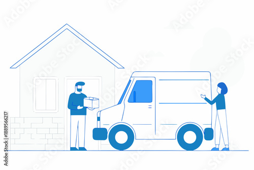 Delivery person handing a package to a masked customer at a house